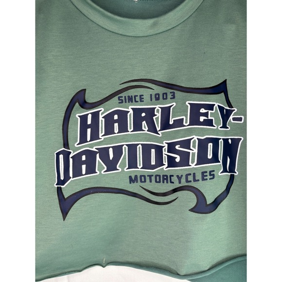 Harley Davidson Motorcycles Cropped T Shirt Green Womens Size Medium Raw Hem - Picture 3 of 6